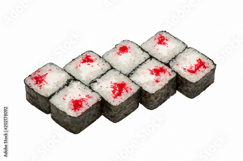 Japanese cuisine, sushi rolls on a white background isolated, close-up.