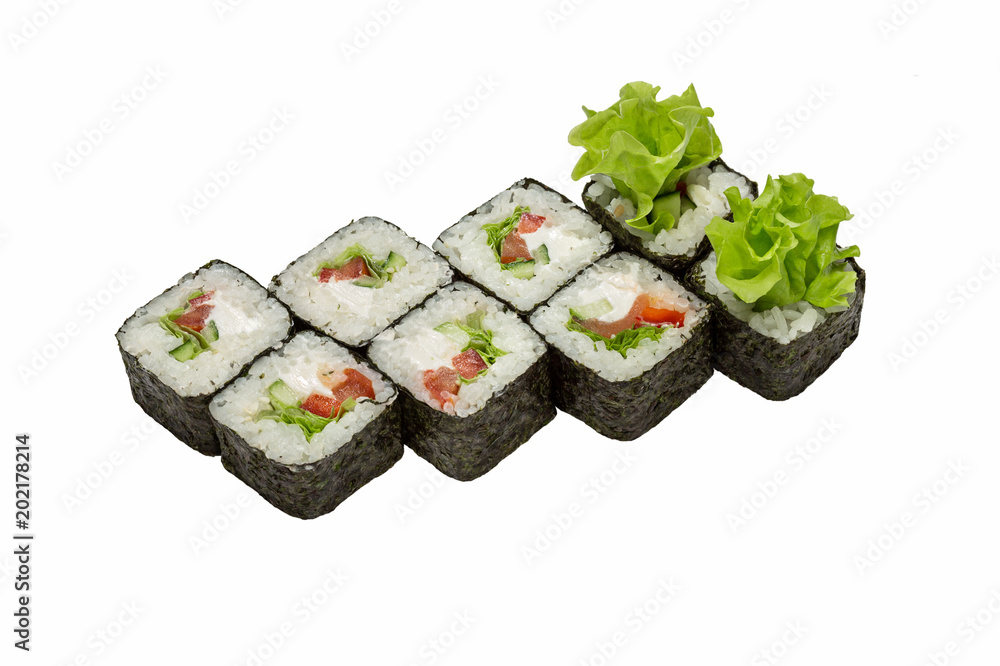 Japanese cuisine, sushi rolls on a white background isolated, close-up. Japanese cuisine, sushi rolls on a white background isolated, close-up.