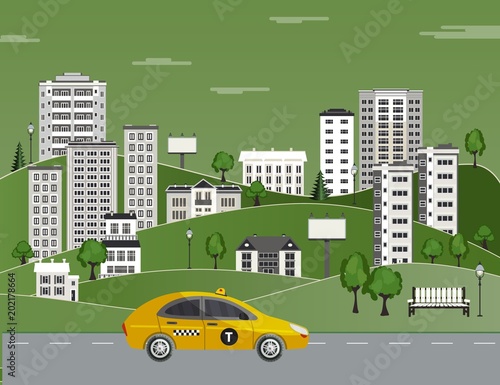 Fototapeta Naklejka Na Ścianę i Meble -  Cityscape poster with yellow taxi car on background of apartment, office building, skyscraper houses, green trees, parks. City modern architecture design template. Vector flat illustration