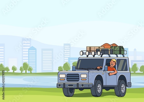 Fototapeta Naklejka Na Ścianę i Meble -  SUV car with luggage on the roof and smiling guy behind the wheel in the city park. Off-road vehicle, skysrapers, trees and water. Vector illustration. Flat style. Horizontal.