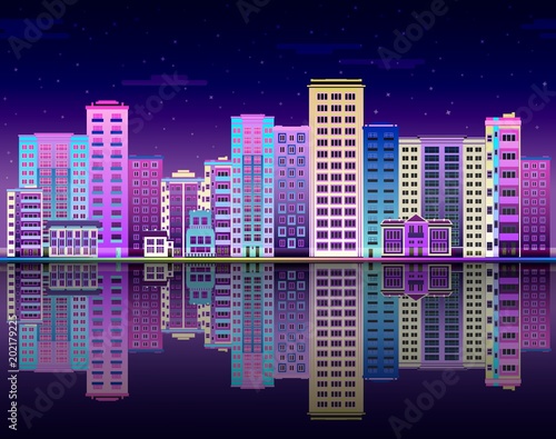 Cityscape poster with purple colored apartment  office building  skyscraper houses on river bank reflections. City modern architecture background design template. Vector flat illustration