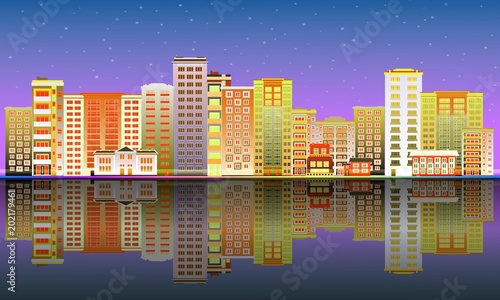 Cityscape poster with purple colored apartment  office building  skyscraper houses on river bank reflections. City modern architecture background design template. Vector flat illustration