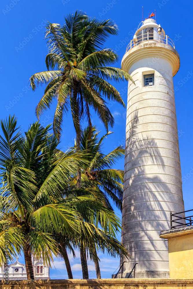 old white sea lighthouse among palm trees against a blue cloudy sky on a sunny day