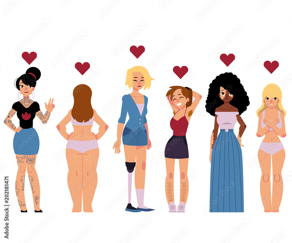 Body positive concept set with young beautiful women with different  features of appearance isolated on white background. Cartoon female  characters loving their bodies, vector illustration. Stock Vector | Adobe  Stock