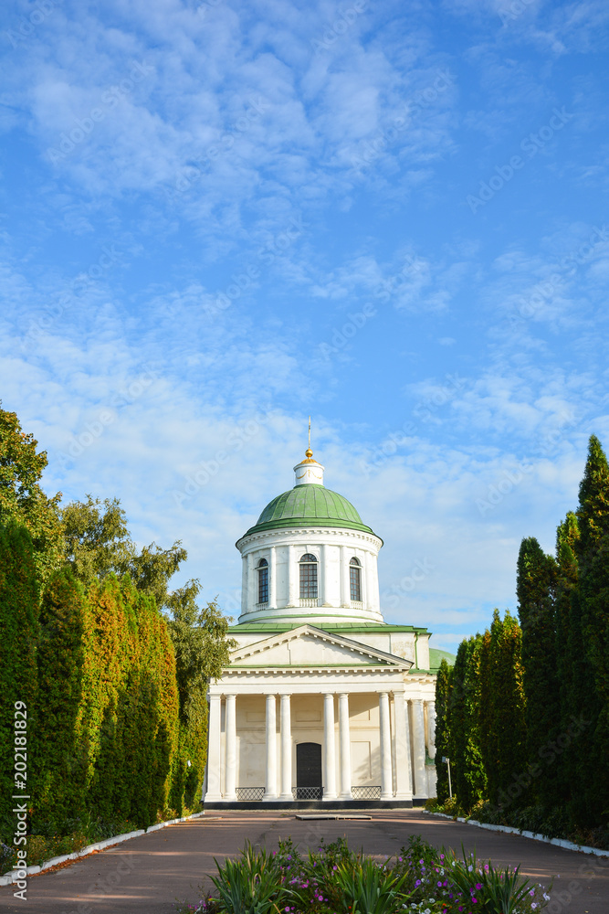 All Saints church in Nizhyn, Chernihivska oblast, Ukraine. Beautiful old building XVIII century with dome for religious purposes, Orthodox Church.