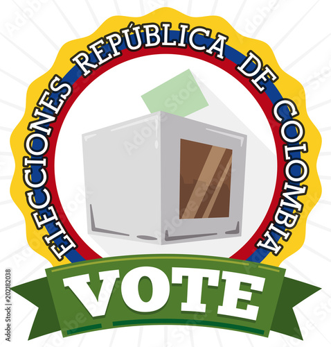 Commemorative Round Label, Ribbon, Card and Box for Colombian Elections, Vector Illustration