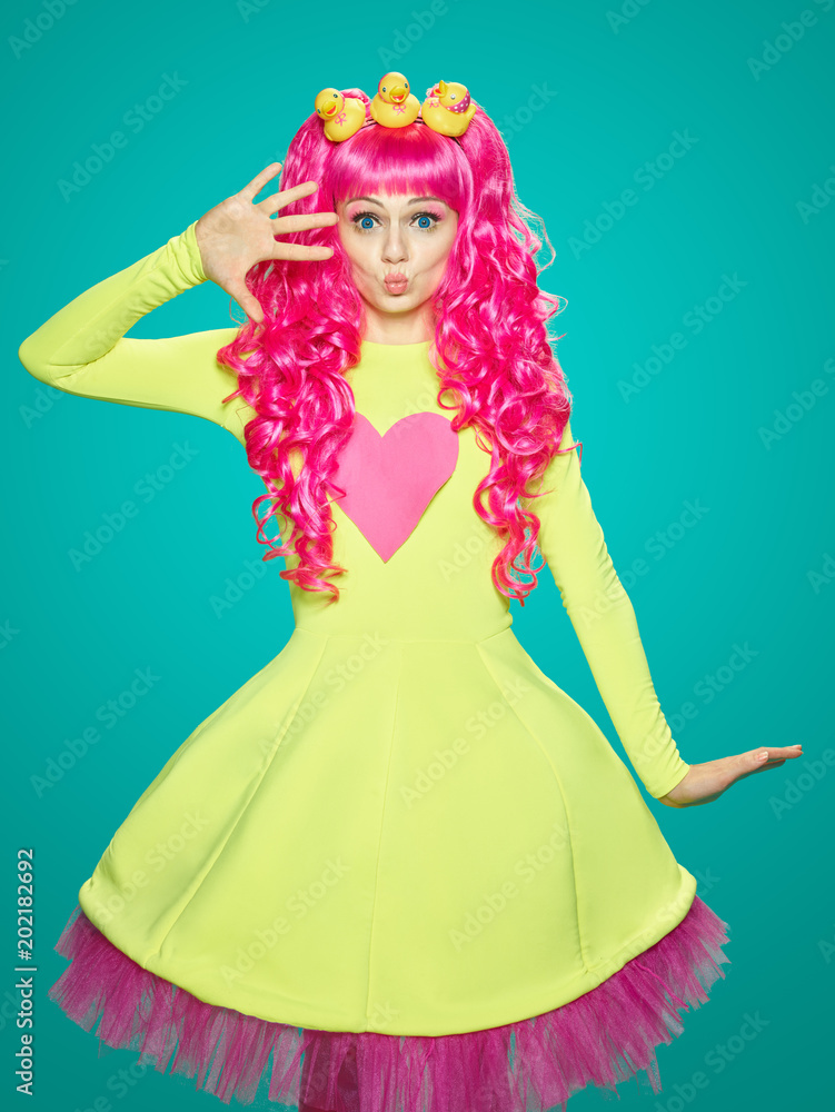 Girl doll with pink hair with different emotions. Anime style. Girl doll with pink hair with different emotions. Anime style.