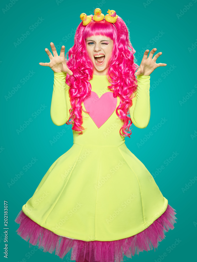 Girl doll with pink hair with different emotions. Anime style. Girl doll with pink hair with different emotions. Anime style.