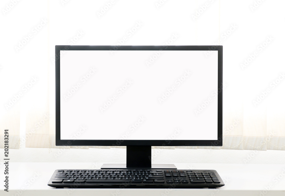 Computer, Desktop PC. for business ,background blur of curtain window.copy space. Computer, Desktop PC. for business ,background blur of curtain window.copy space.