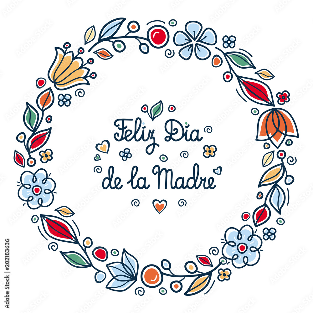 Happy mother's day greeting card in Spain. English translation: happy Mother's day.  Feliz Dia de la Madre. Greeting card template. Round flower frame.