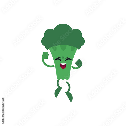 Broccoli celebrating success and jumping up with happy expression. Flat cartoon isolated character of green useful vegetable achieved victory for healthy lifestyle concept. Vector illustration.