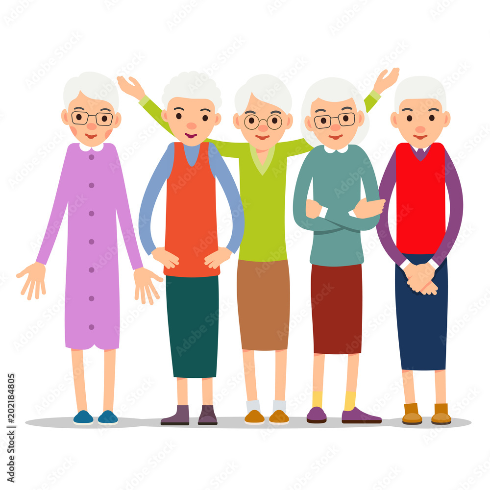 Older woman. Old woman character in various poses. Woman in a dress, blouse and skirt. Set cartoon illustration isolated on white background in flat style Older woman. Old woman character in various poses. Woman in a dress, blouse and skirt. Set cartoon illustration isolated on white background in flat style