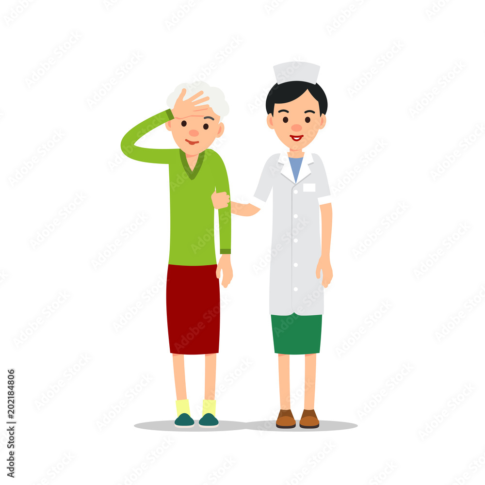 Nurse and patient. Young physician stands and supports an elderly woman. Cartoon illustration isolated on white background in flat. Full length portrait of doctor woman, physician or medical assistant Nurse and patient. Young physician stands and supports an elderly woman. Cartoon illustration isolated on white background in flat. Full length portrait of doctor woman, physician or medical assistant