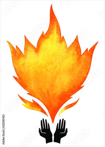 Watercolor vector fire with tongues of flame and open hands. Background, template for text or lettering. Hand drawn yellow and orange aquarelle burning bonfire, campfire silhouette with sparks.