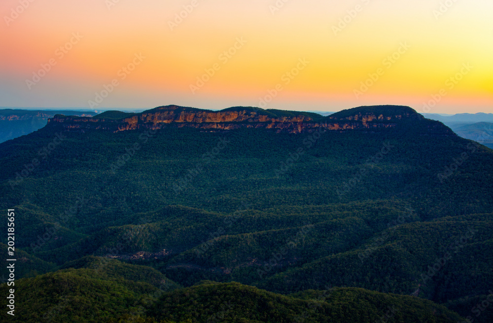 Sunset over Mount Solitary, also known as Korowal, in the Blue Mountains of New South Wales, Australia