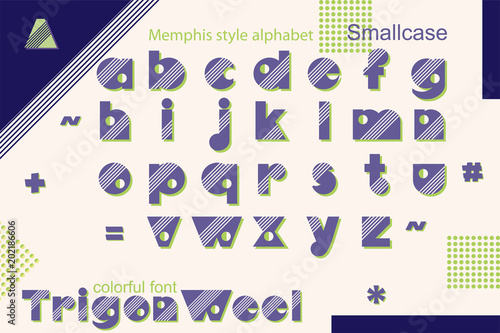 Memphis style decorative alphabet, typeface. Pop art font for slogan graphic print, hipster fashion, geometric pattern, vintage poster
