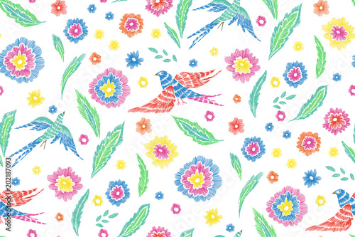 Beautiful flowers and birds seamless pattern in retro style hand drawn. Spring summer season.Vector illustration on white. Embroidery design. Line art.