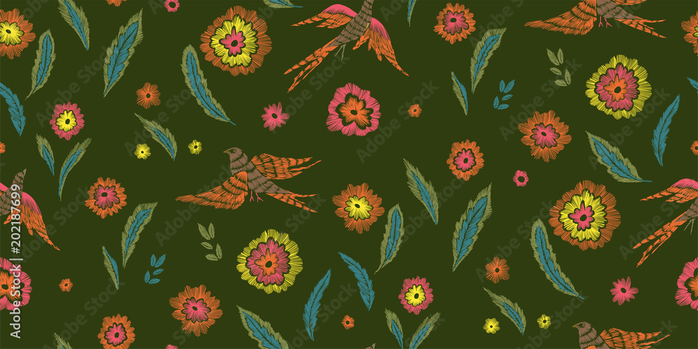Beautiful flowers and birds seamless pattern in retro style hand drawn. Spring summer season.Vector illustration. Embroidery design. Line art. Beautiful flowers and birds seamless pattern in retro style hand drawn. Spring summer season.Vector illustration. Embroidery design. Line art.
