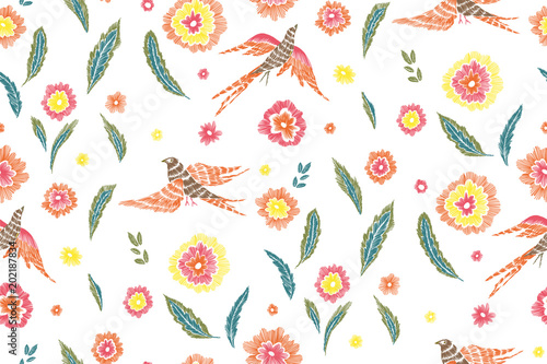 Beautiful flowers and birds seamless pattern in retro style hand drawn. Spring summer season.Vector illustration on white. Embroidery design. Line art.