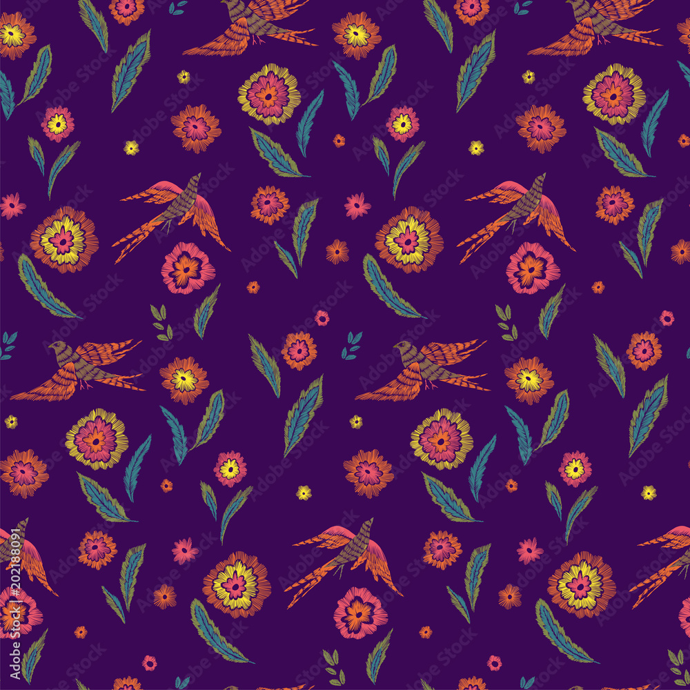 Beautiful flowers and birds seamless pattern in retro style hand drawn. Spring summer season.Vector illustration. Embroidery design. Line art. Beautiful flowers and birds seamless pattern in retro style hand drawn. Spring summer season.Vector illustration. Embroidery design. Line art.