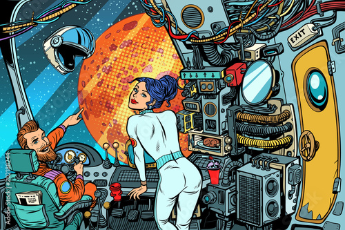Cosmonauts Navigator and captain. control room of a spaceship