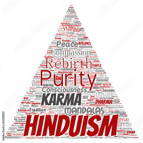 Vector conceptual hinduism, shiva, rama, yoga triangle arrow red word cloud isolated background. Collage of mandalas, samsara, celebration, tradition, peace, compassion, rebirth, karma, dharma concept