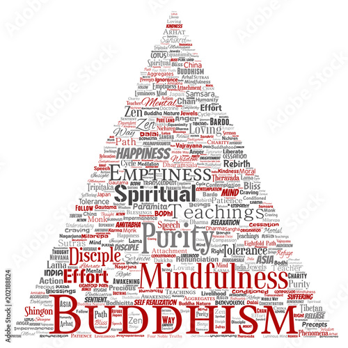 Vector conceptual buddhism, meditation, enlightenment, karma triangle arrow red word cloud isolated background. Collage of mindfulness, reincarnation, nirvana, emptiness, bodhicitta, happiness concept