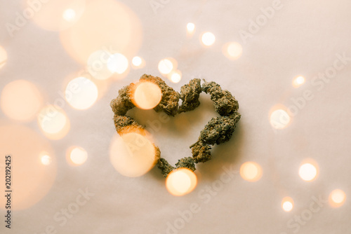 Cannabis Weed Marijauna in Heart Shape with Fairy Lights