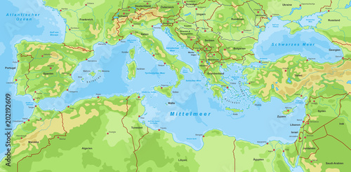 Mittelmeerkarte - Farbig detailliert