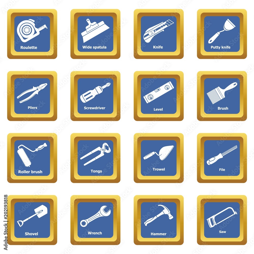 Building hand tool icons set vector blue square isolated on white background Building hand tool icons set vector blue square isolated on white background