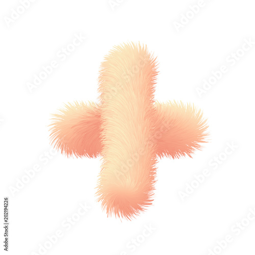Mathematical symbol plus in fur childish style. Colorful cartoon fluffy gentle line. Feathery fun pink digit. Vector isolated illustration