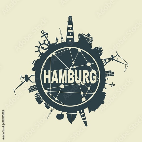 Template with sea shipping and travel relative silhouettes. Hamburg city name text