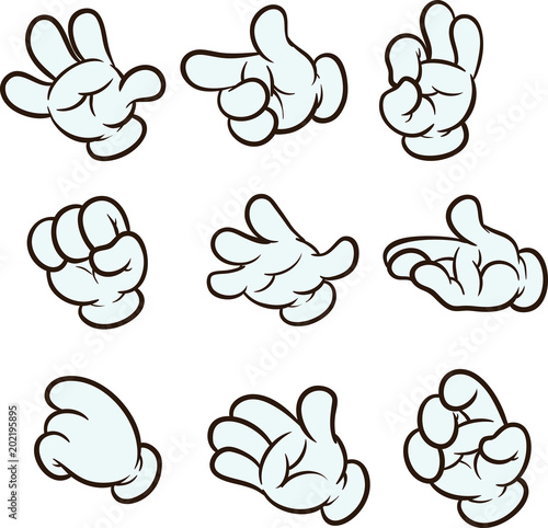 Cartoon four fingered gloves with different gestures. Vector clip art illustration. Each one on a separate layer. 