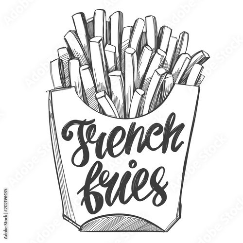 French fries , fastfood, logo, and drawn vector illustration realistic sketch