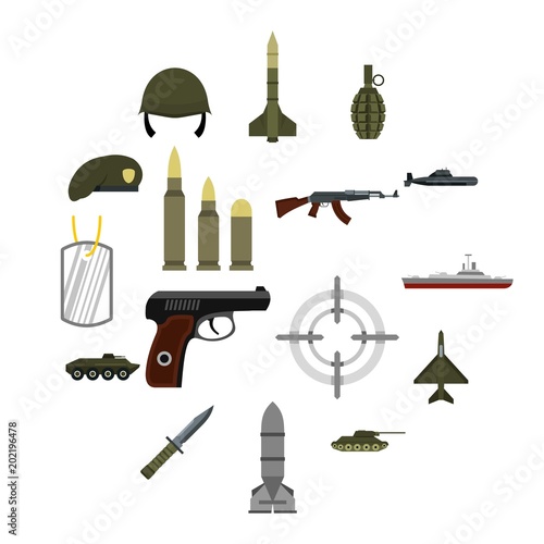 Flat military icons set. Universal military icons to use for web and mobile UI, set of basic military elements isolated vector illustration
