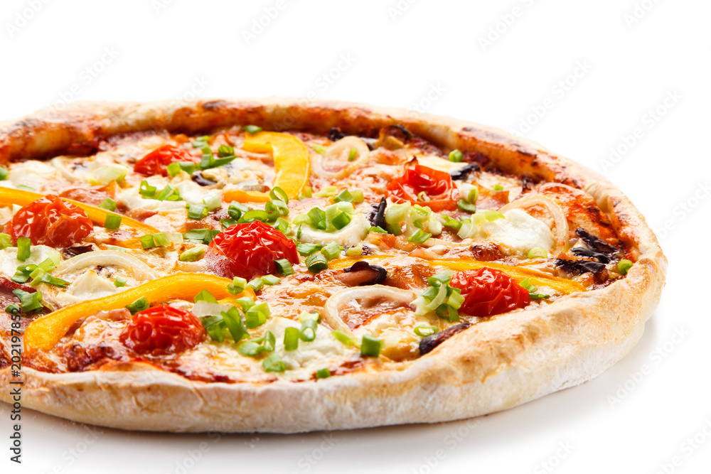Pizza with ham and vegetables on white background