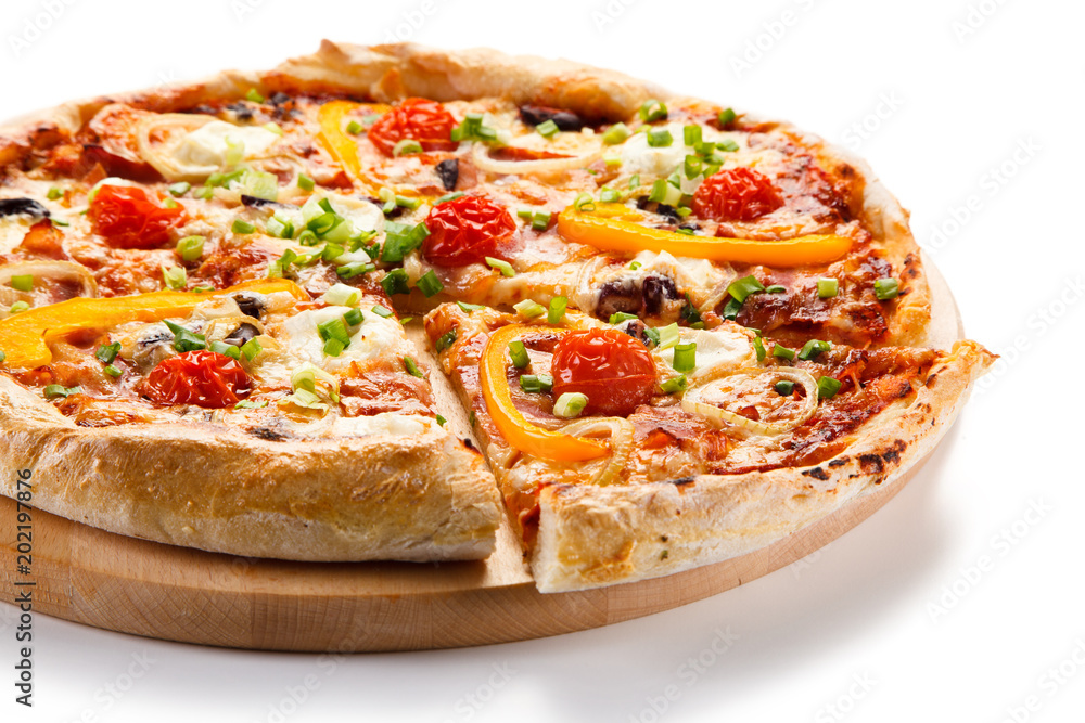 Pizza with ham and vegetables on white background