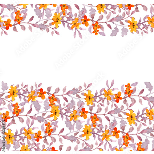 Seamless primitive floral banner frame. Cute flowers, ditsy leaves. Watercolour