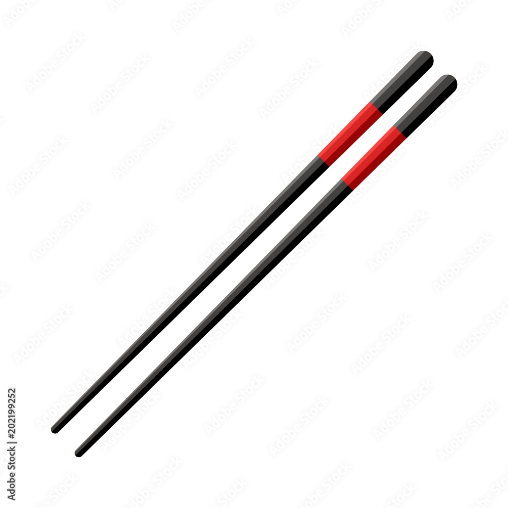 Pair of black wooden chopsticks with red lines isolated on white background. Realistic asian kitchen accessories for japanese, chinese or thai restaurant, vector illustration. Pair of black wooden chopsticks with red lines isolated on white background. Realistic asian kitchen accessories for japanese, chinese or thai restaurant, vector illustration.