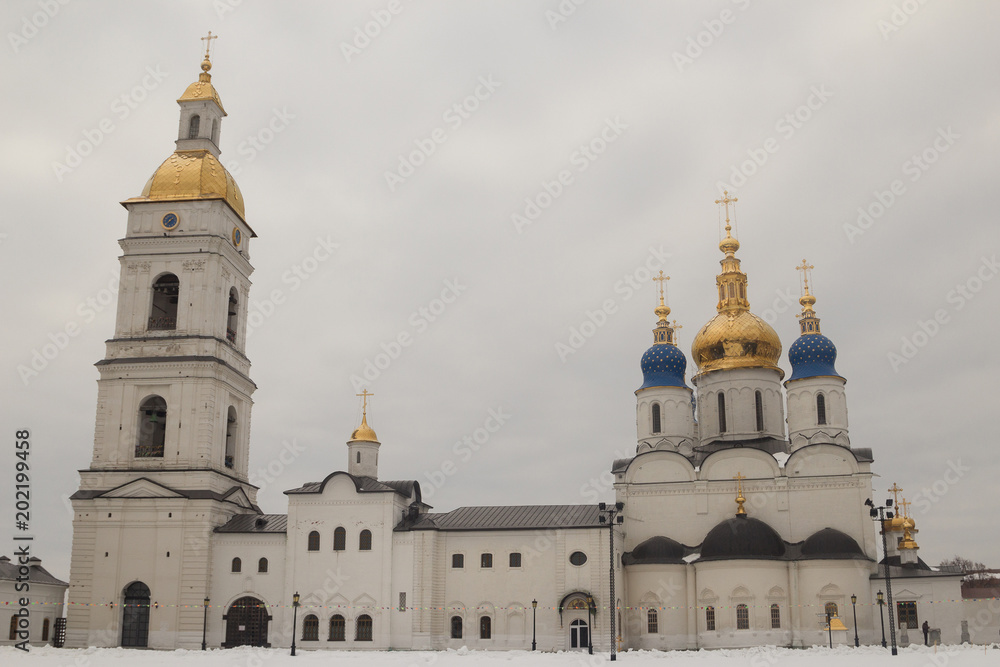 Tobolsk Orthodox Church inside the Kremlin in the winter. Russia