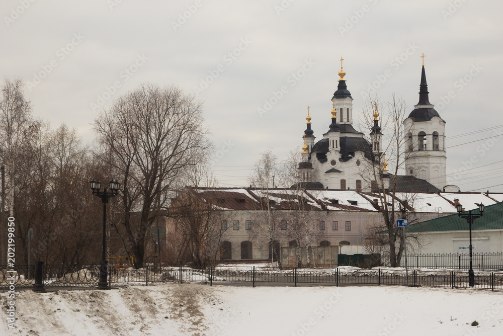 Tobolsk orthodox church in the background of the city in winter