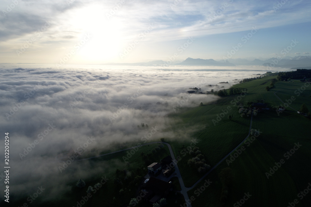 Aerial view of the sea of fog on a spring morning in the foothills of Switzerland