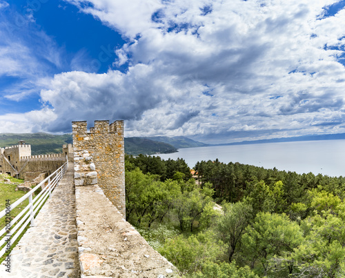 Ohrid - Macedonia. View from watchtower of famous old fortress ruins of tzar Samuel in Ohrid know as Samuels fortress with Lake Ohrid in the background. Ohrid - Macedonia