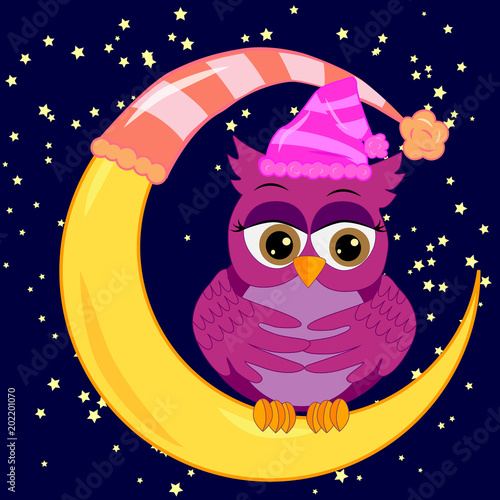 A sweet fairy-tale pink owl in a hat for dream dreams, sings a lullaby, lulls the sky, the moon and stars sitting on a sleeping sickle of the moon among a dark night sky and stars