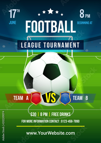 Football league tournament poster vector illustration, Ball in soccer pitch background. © Farosofa