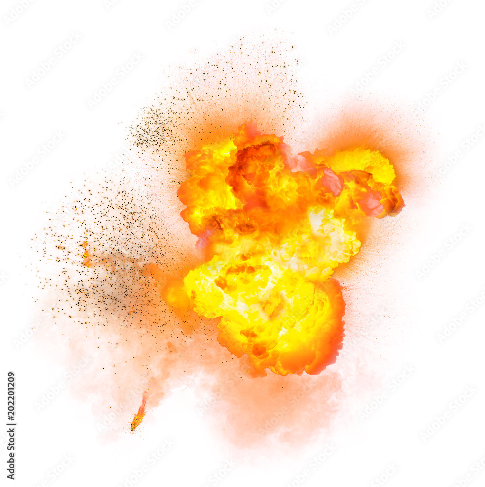 Realistic fiery explosion with sparks over a white background Realistic fiery explosion with sparks over a white background