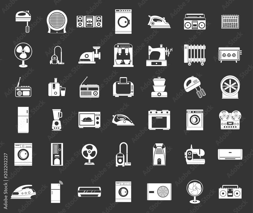 Appliances icon set vector white isolated on grey background Appliances icon set vector white isolated on grey background