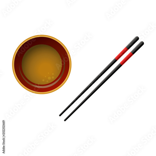 Pair of black wooden chopsticks with red lines and bowl with soy sauce isolated on white background. Realistic asian kitchen utensil for japanese, chinese or thai restaurant. Vector illustration.