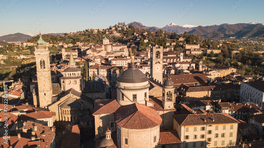 Drone aerial view of Bergamo - Old city. One of the beautiful city in Italy. Landscape on the city center, its historical buildings and towers