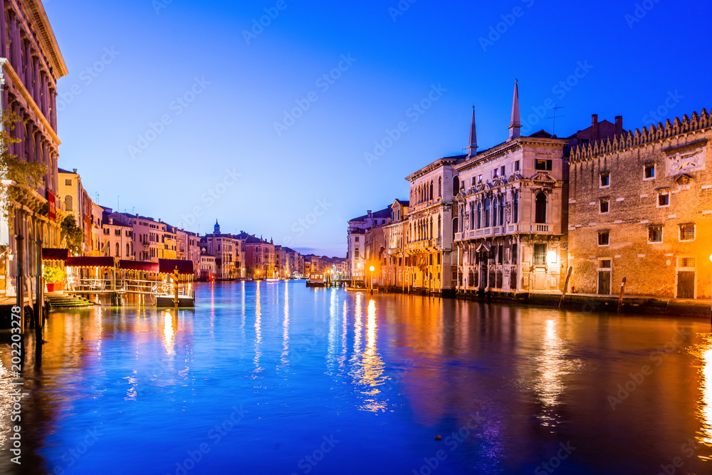 Grand canal view in Venice, Italy at blue hour before sunrise